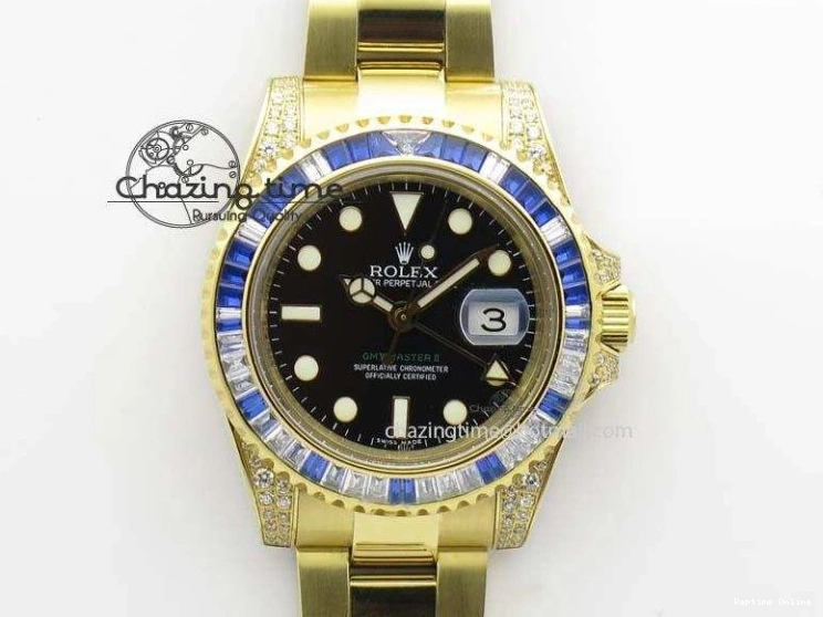 0414 GMT-Master II 116759 YG Bp-Maker Blue Ruby Crystal Bezel Black Dial On YG Bracelet A NewStyle 3775